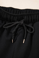 Load image into Gallery viewer, Black Textured Half Zip Kangaroo Pocket Top Drawstring Shorts Set - Fashion Queen -  15
