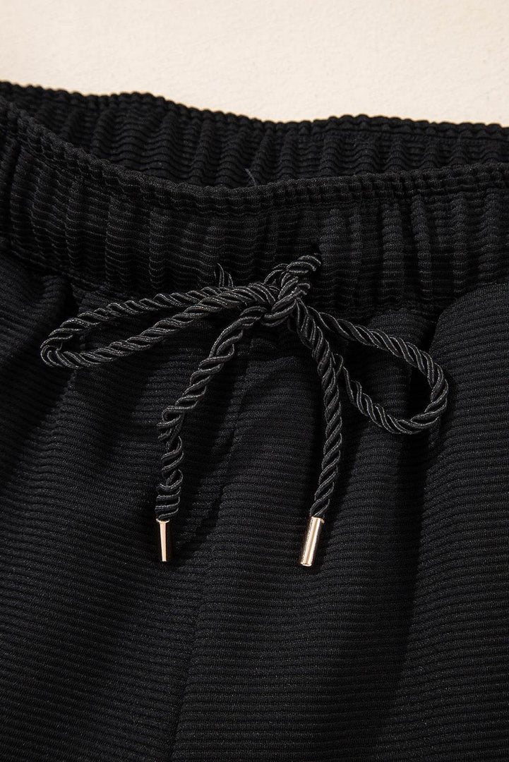 Black Textured Half Zip Kangaroo Pocket Top Drawstring Shorts Set - Fashion Queen -  15
