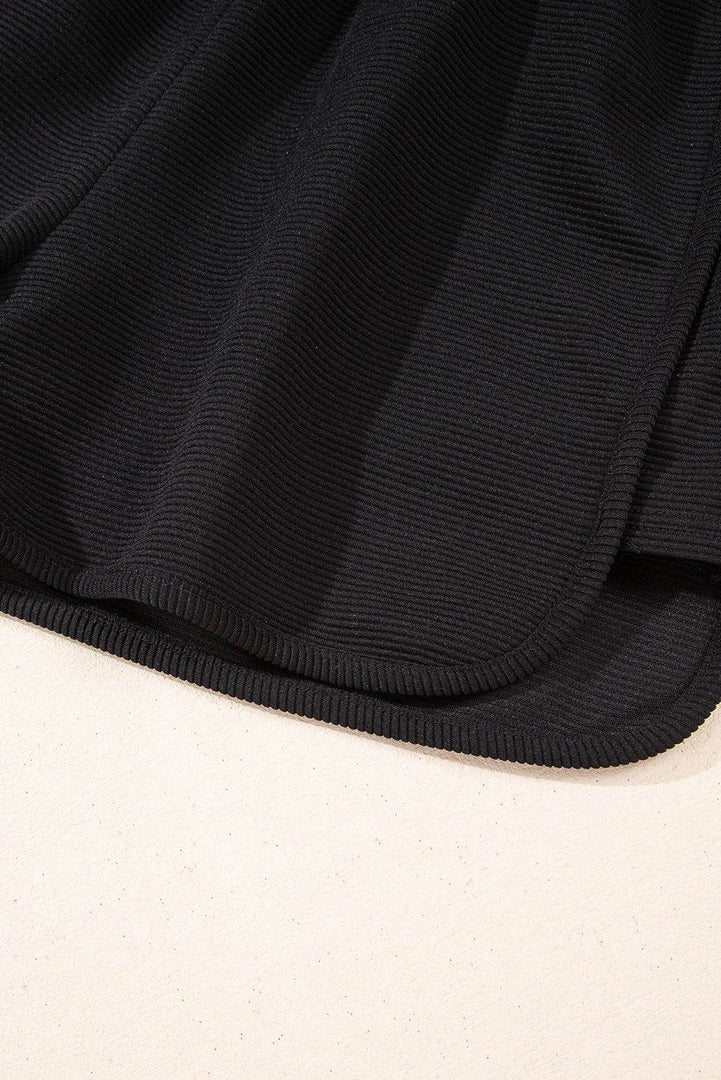 Black Textured Half Zip Kangaroo Pocket Top Drawstring Shorts Set - Fashion Queen -  18