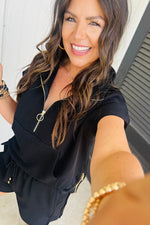 Load image into Gallery viewer, Black Textured Half Zip Kangaroo Pocket Top Drawstring Shorts Set - Fashion Queen -  2
