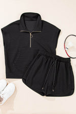 Load image into Gallery viewer, Black Textured Half Zip Kangaroo Pocket Top Drawstring Shorts Set - Fashion Queen -  4
