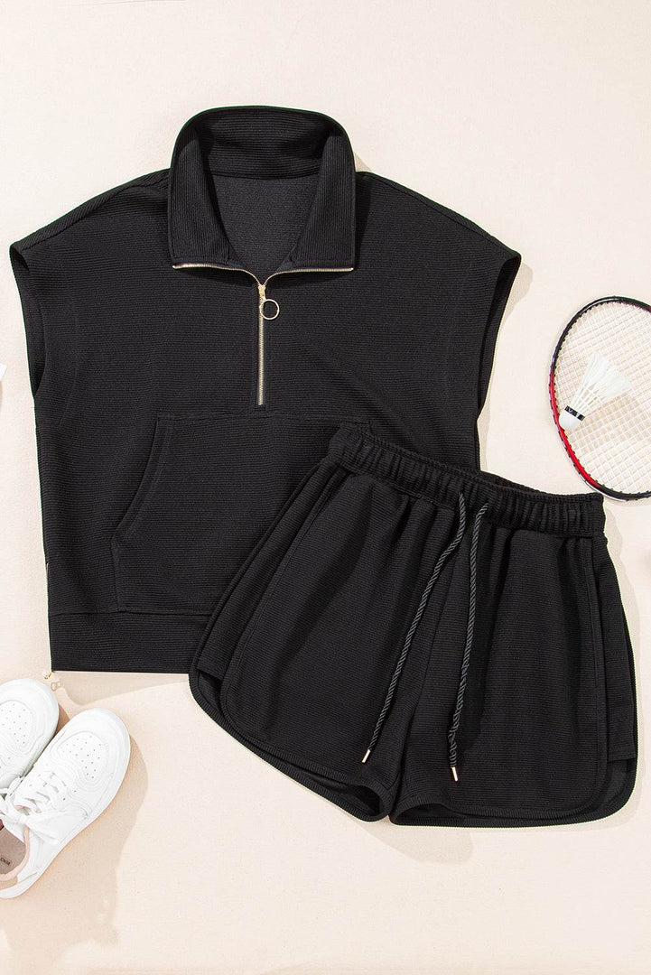 Black Textured Half Zip Kangaroo Pocket Top Drawstring Shorts Set - Fashion Queen -  4