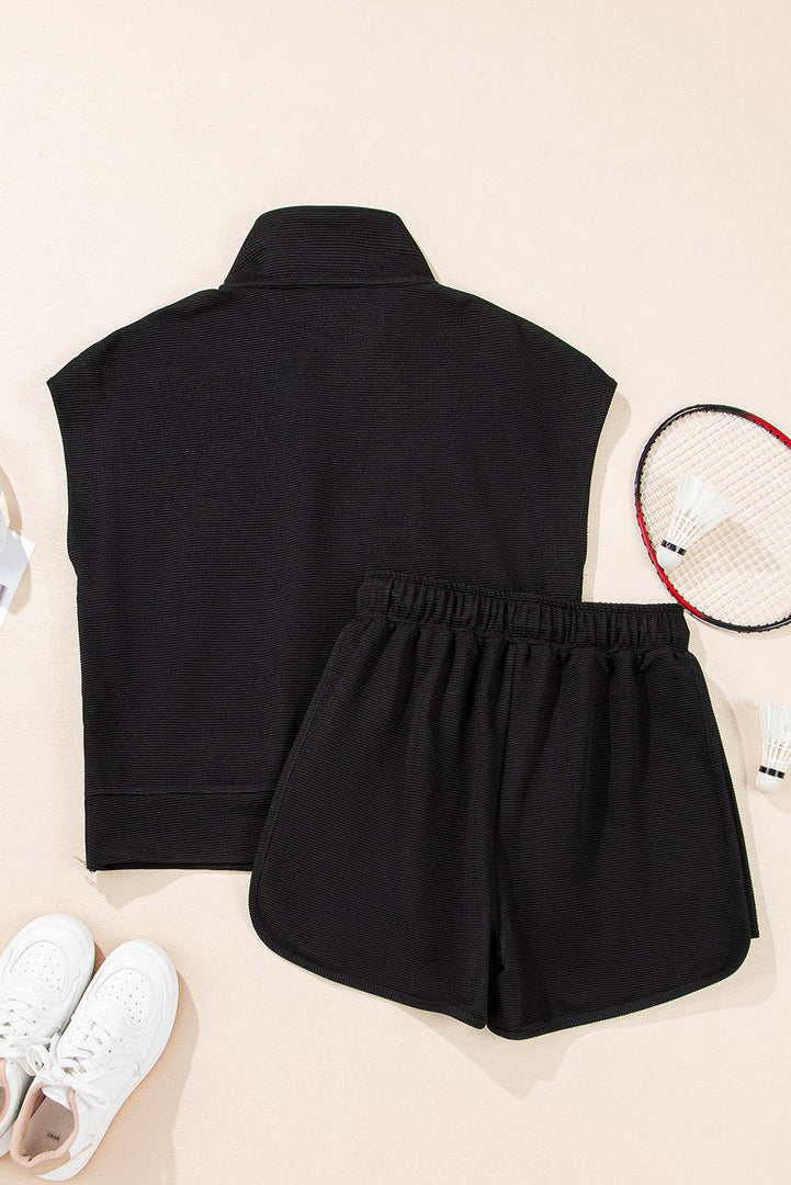 Black Textured Half Zip Kangaroo Pocket Top Drawstring Shorts Set - Fashion Queen -  5