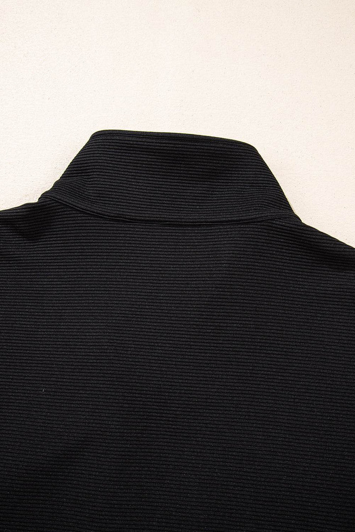 Black Textured Half Zip Kangaroo Pocket Top Drawstring Shorts Set - Fashion Queen -  6