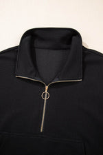 Load image into Gallery viewer, Black Textured Half Zip Kangaroo Pocket Top Drawstring Shorts Set - Fashion Queen -  8
