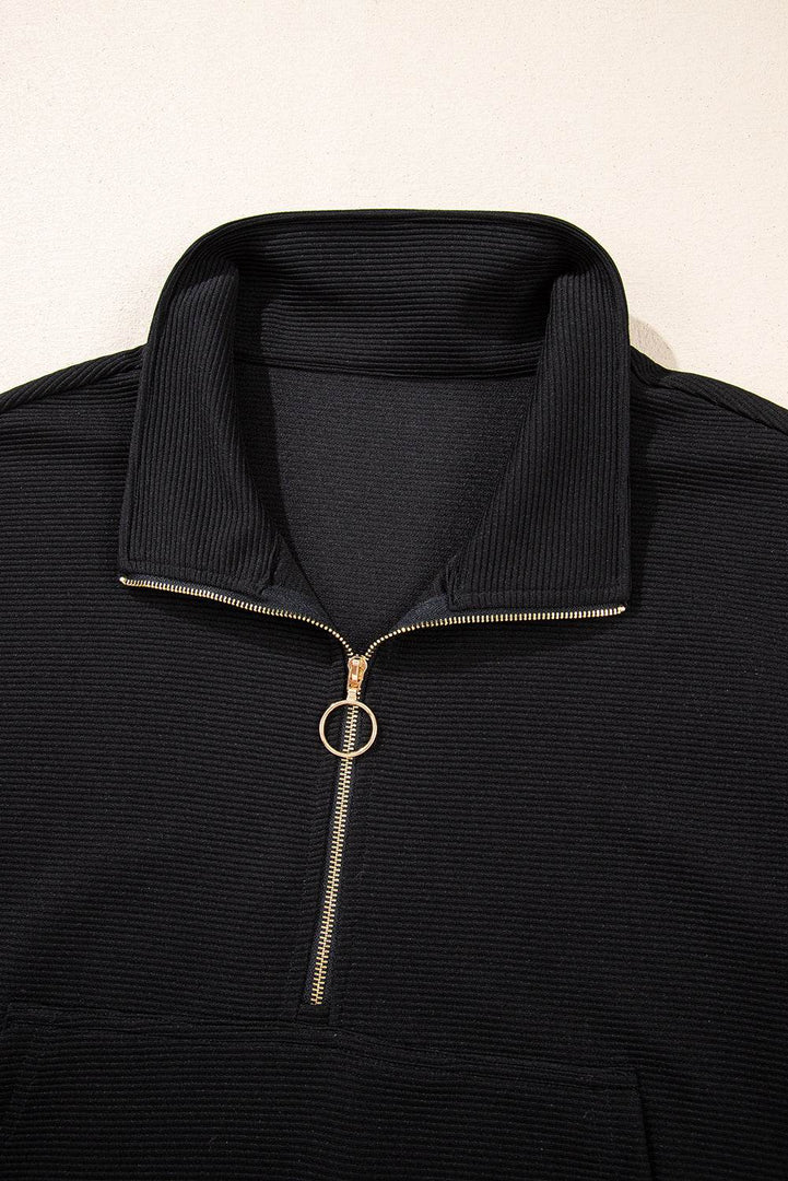 Black Textured Half Zip Kangaroo Pocket Top Drawstring Shorts Set - Fashion Queen -  8