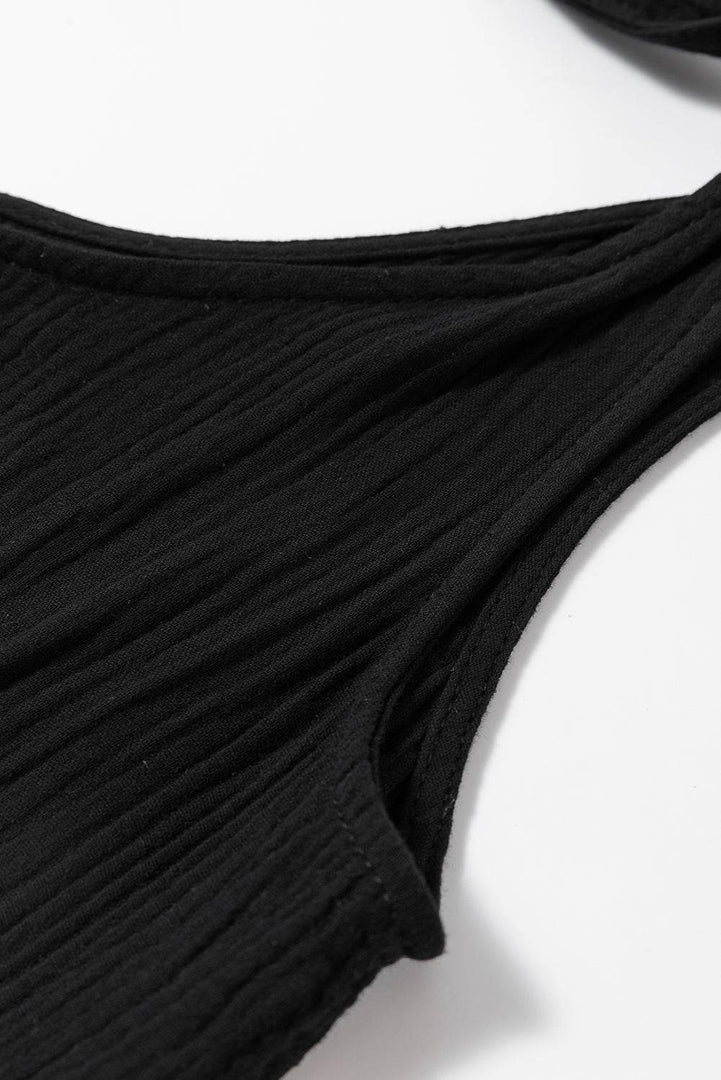 Black Textured Knotted Straps High Waist Wide Leg Romper - Fashion Queen -  11