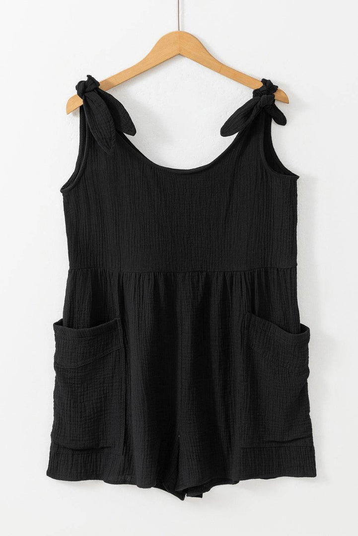 Black Textured Knotted Straps High Waist Wide Leg Romper - Fashion Queen -  8