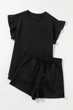 Load image into Gallery viewer, Black Textured Ruffle Split Top and Drawstring Shorts - Fashion Queen -  11
