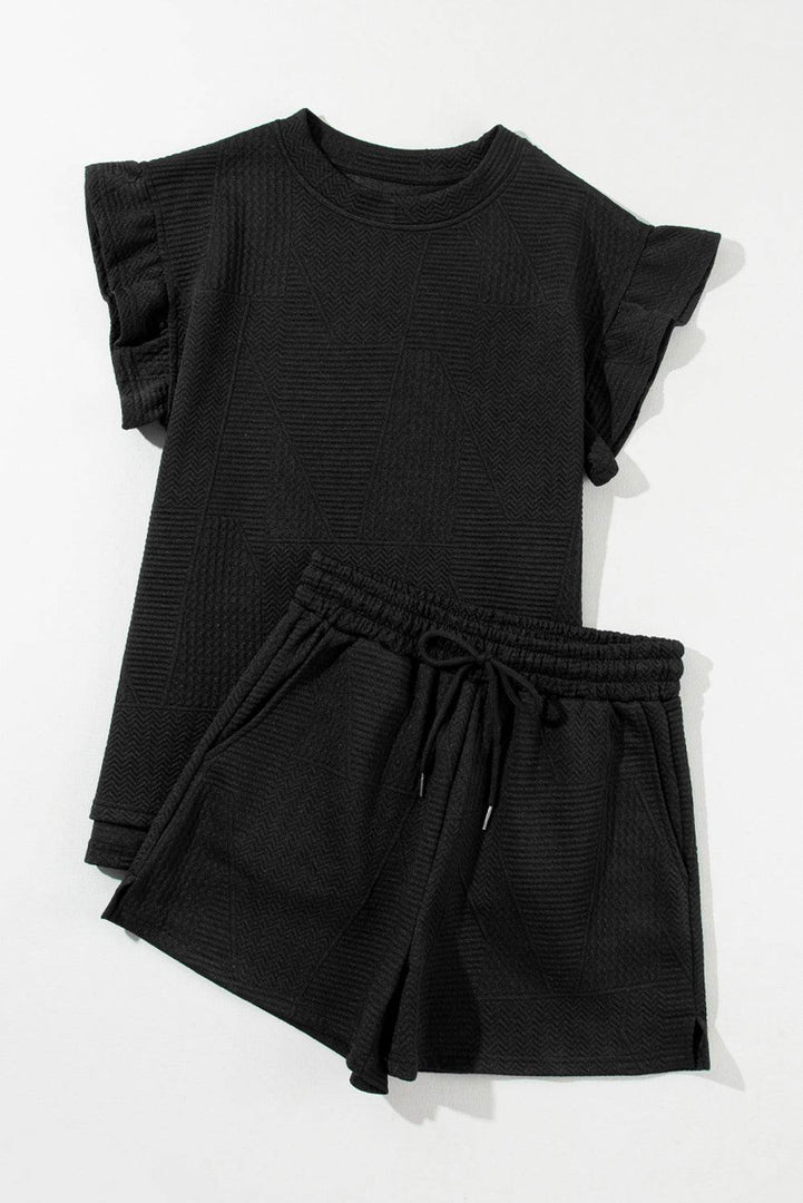 Black Textured Ruffle Split Top and Drawstring Shorts - Fashion Queen -  11