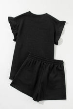 Load image into Gallery viewer, Black Textured Ruffle Split Top and Drawstring Shorts - Fashion Queen -  12
