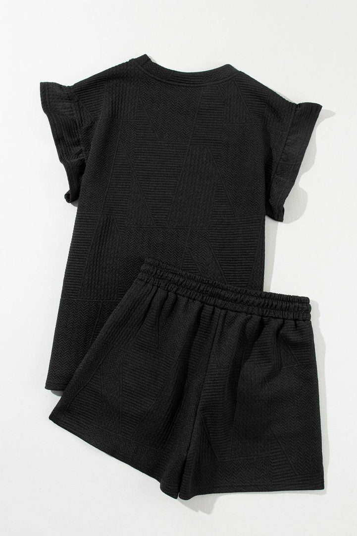 Black Textured Ruffle Split Top and Drawstring Shorts - Fashion Queen -  12