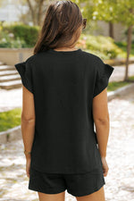 Load image into Gallery viewer, Black Textured Ruffle Split Top and Drawstring Shorts - Fashion Queen -  2
