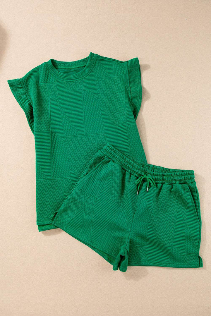 Black Textured Ruffle Split Top and Drawstring Shorts - Fashion Queen -  29