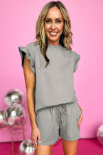 Load image into Gallery viewer, Black Textured Ruffle Split Top and Drawstring Shorts - Fashion Queen -  5
