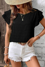 Load image into Gallery viewer, Black Textured Ruffled Sleeve Round Neck Top - Fashion Queen -  1
