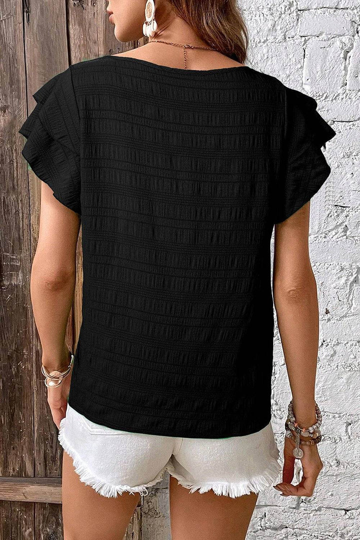 Black Textured Ruffled Sleeve Round Neck Top - Fashion Queen -  2
