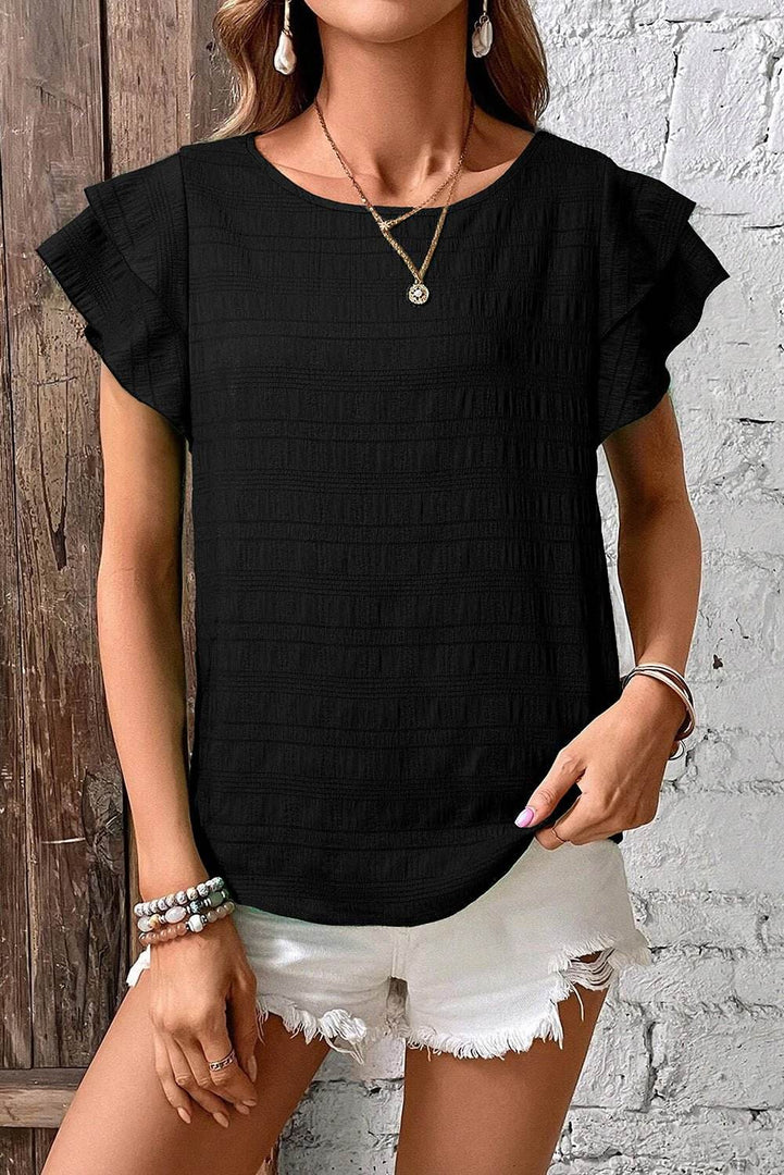 Black Textured Ruffled Sleeve Round Neck Top - Fashion Queen -  3