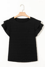 Load image into Gallery viewer, Black Textured Ruffled Sleeve Round Neck Top - Fashion Queen -  4
