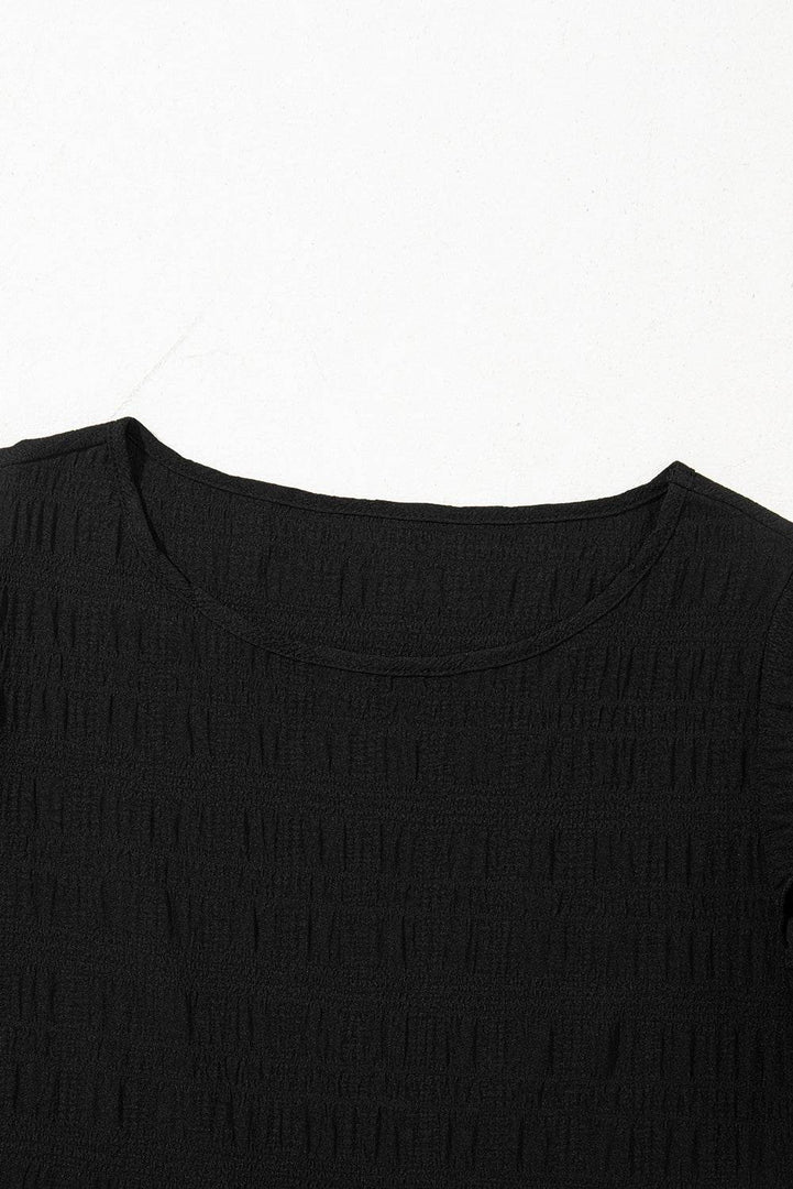 Black Textured Ruffled Sleeve Round Neck Top - Fashion Queen -  6