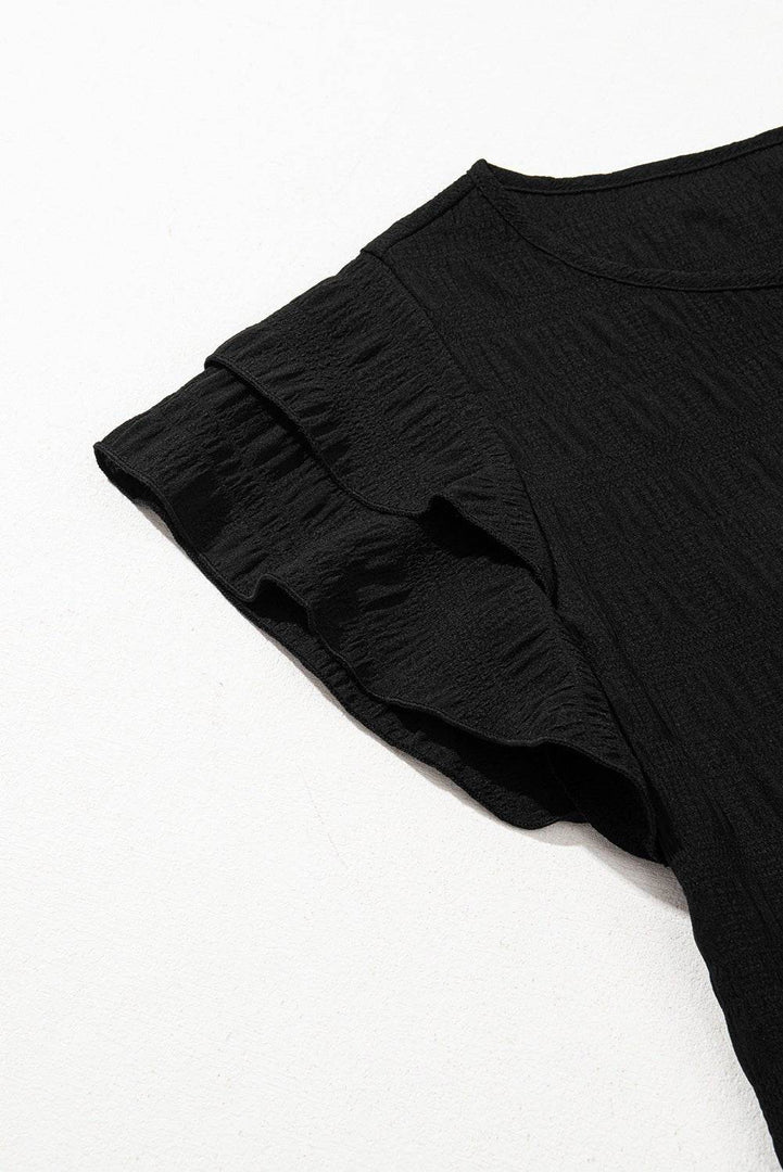 Black Textured Ruffled Sleeve Round Neck Top - Fashion Queen -  7