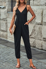 Black Textured Sleeveless V-Neck Pocketed Casual Jumpsuit - Fashion Queen -  1