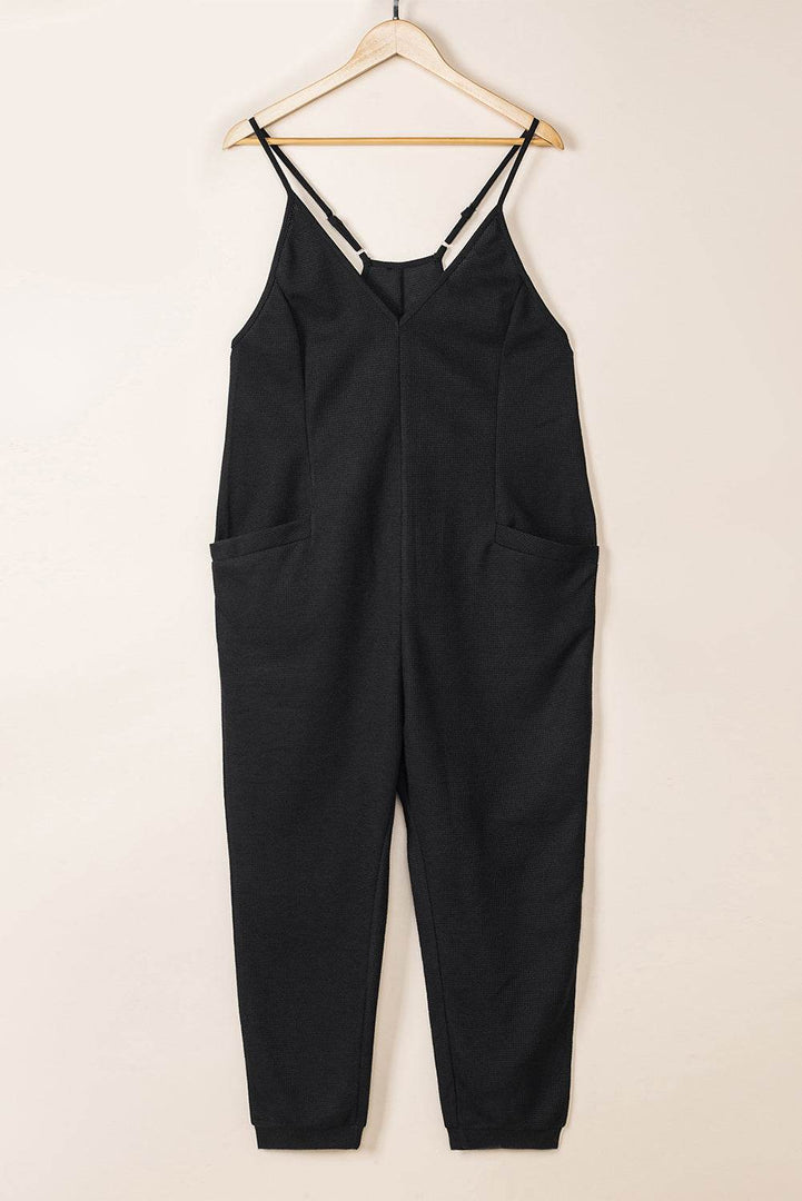 Black Textured Sleeveless V-Neck Pocketed Casual Jumpsuit - Fashion Queen -  14