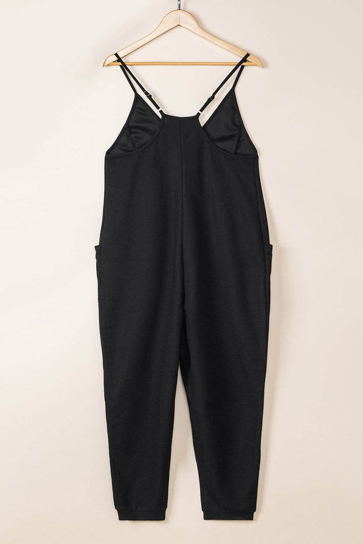 Black Textured Sleeveless V-Neck Pocketed Casual Jumpsuit - Fashion Queen -  15
