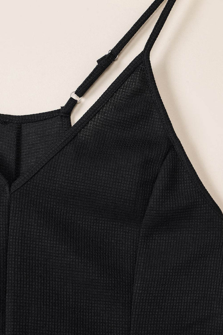 Black Textured Sleeveless V-Neck Pocketed Casual Jumpsuit - Fashion Queen -  16