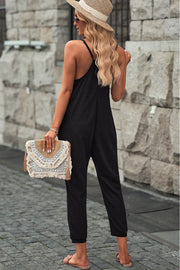 Black Textured Sleeveless V-Neck Pocketed Casual Jumpsuit - Fashion Queen -  2