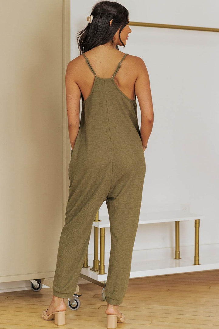 Black Textured Sleeveless V-Neck Pocketed Casual Jumpsuit - Fashion Queen -  25