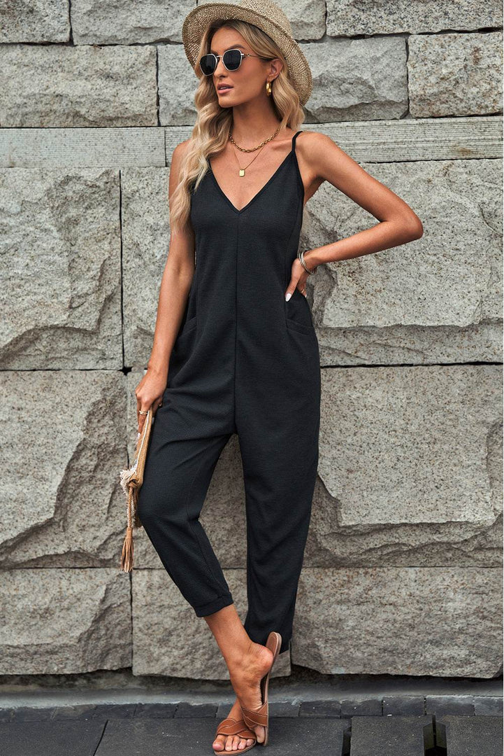 Black Textured Sleeveless V-Neck Pocketed Casual Jumpsuit - Fashion Queen -  3