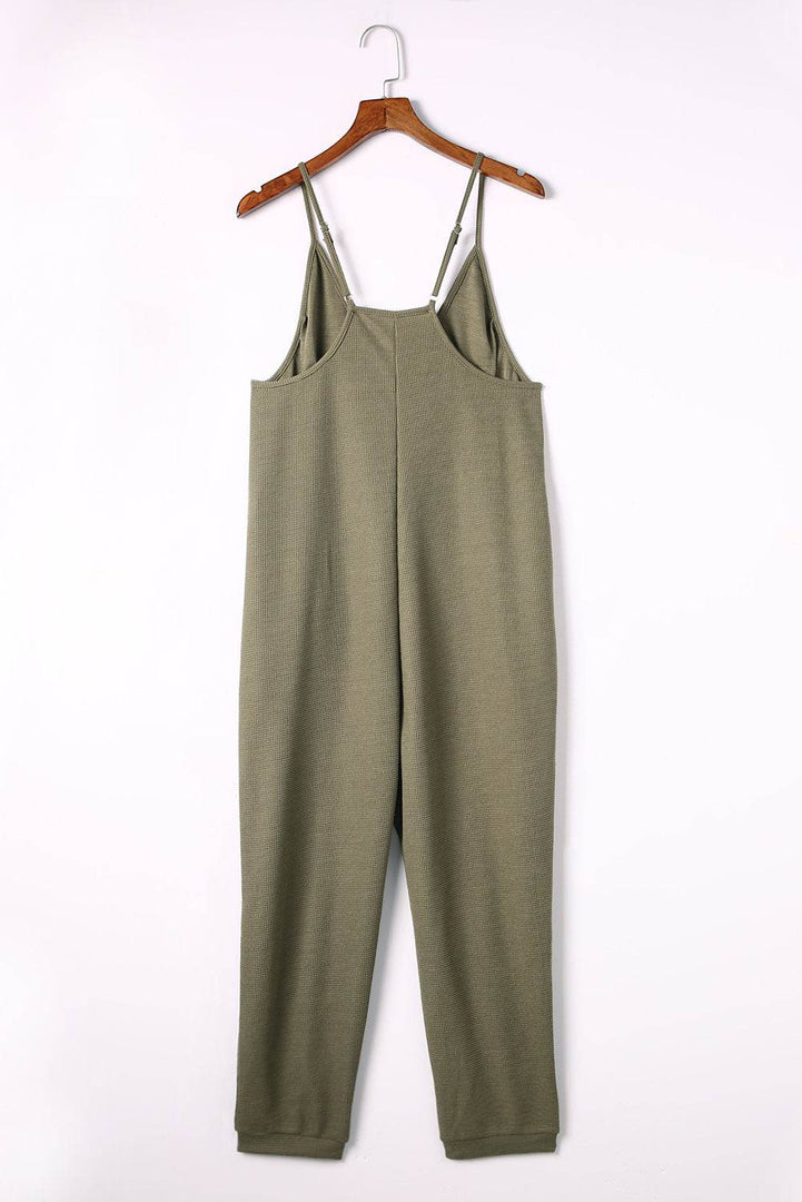 Black Textured Sleeveless V-Neck Pocketed Casual Jumpsuit - Fashion Queen -  30