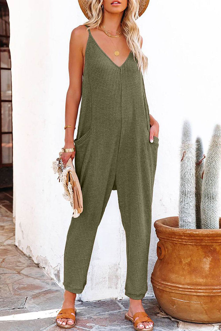 Black Textured Sleeveless V-Neck Pocketed Casual Jumpsuit - Fashion Queen -  4