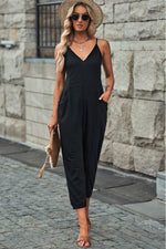 Load image into Gallery viewer, Black Textured Sleeveless V-Neck Pocketed Casual Jumpsuit - Fashion Queen -  7
