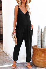 Load image into Gallery viewer, Black Textured Sleeveless V-Neck Pocketed Casual Jumpsuit - Fashion Queen -  9
