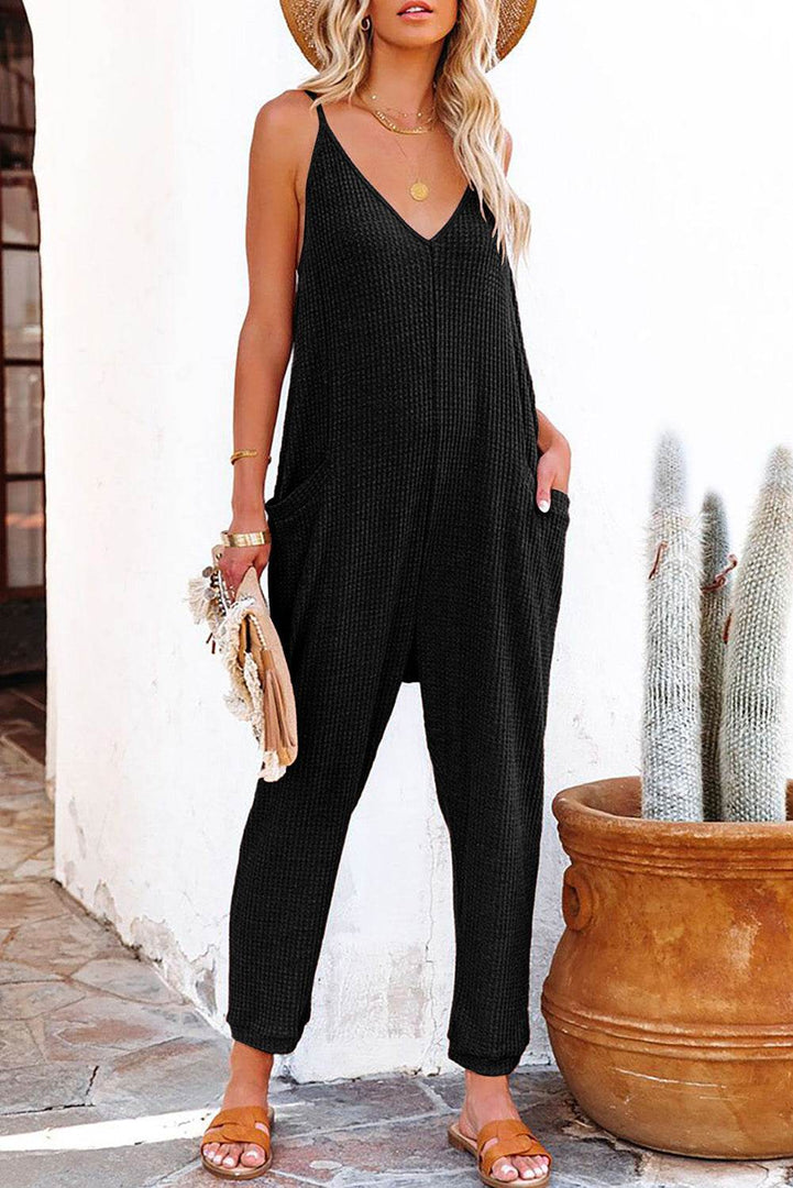 Black Textured Sleeveless V-Neck Pocketed Casual Jumpsuit - Fashion Queen -  9
