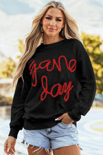 Load image into Gallery viewer, Black Tinsel Game Day Drop Shoulder Graphic Sweatshirt - Fashion Queen -  1
