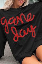 Load image into Gallery viewer, Black Tinsel Game Day Drop Shoulder Graphic Sweatshirt - Fashion Queen -  17
