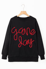 Load image into Gallery viewer, Black Tinsel Game Day Drop Shoulder Graphic Sweatshirt - Fashion Queen -  20
