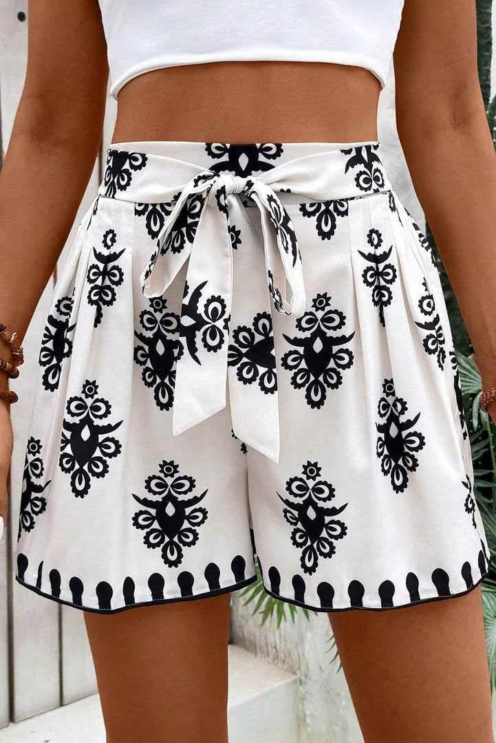 Black Tribal Geometric Print Belted High Waist Casual Shorts - Fashion Queen -  3