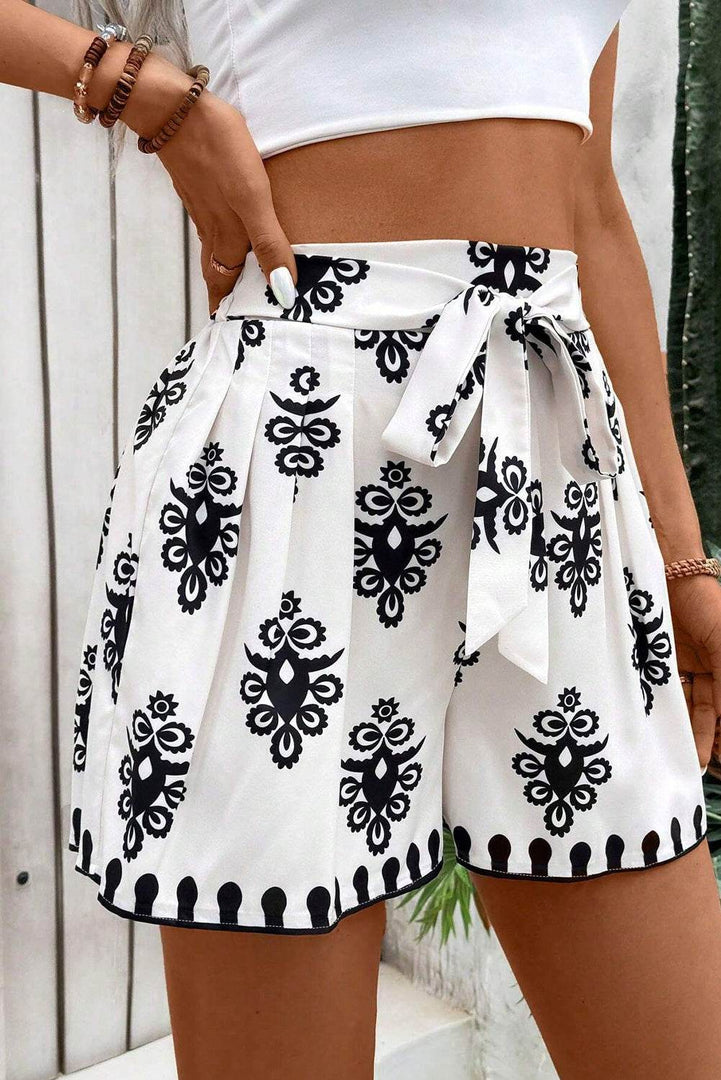 Black Tribal Geometric Print Belted High Waist Casual Shorts - Fashion Queen -  6