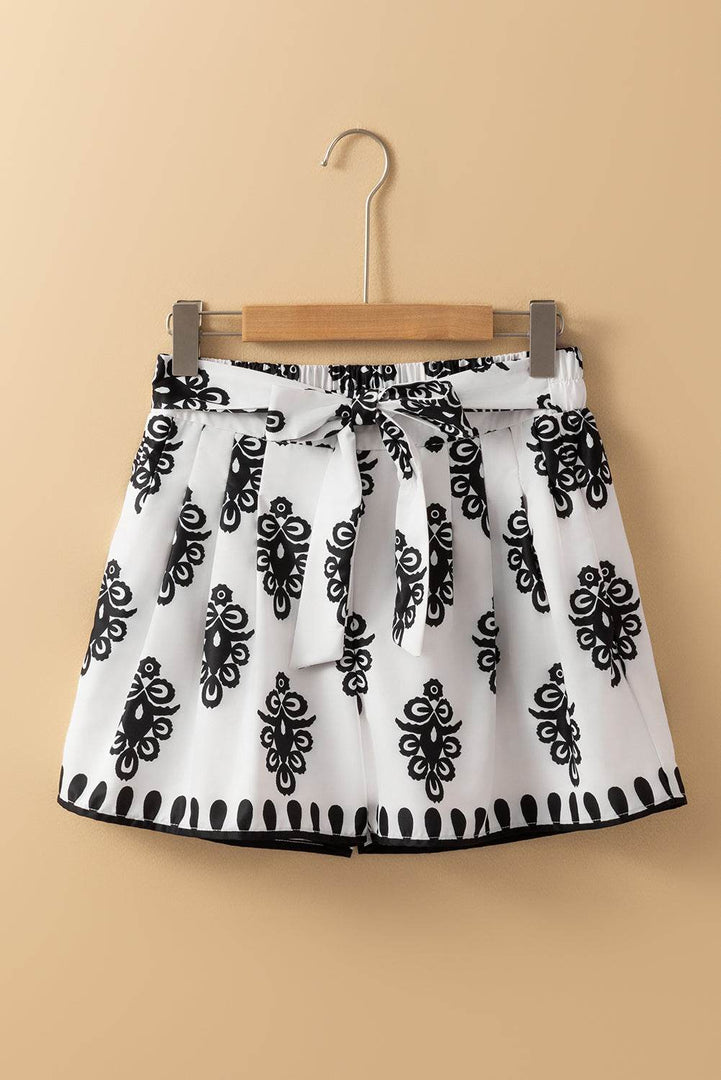 Black Tribal Geometric Print Belted High Waist Casual Shorts - Fashion Queen -  7
