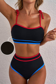 Black Triple Color Trimmed High Waist Bikini Set - Fashion Queen -  1