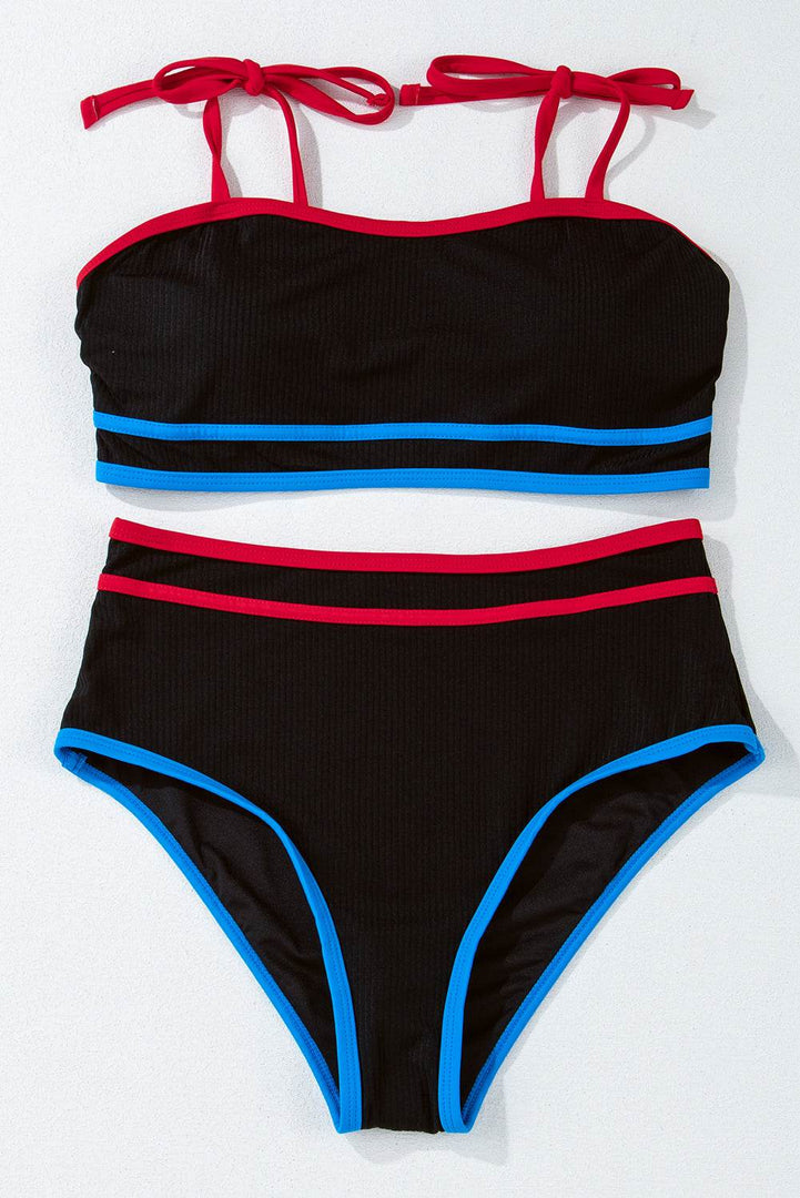 Black Triple Color Trimmed High Waist Bikini Set - Fashion Queen -  12