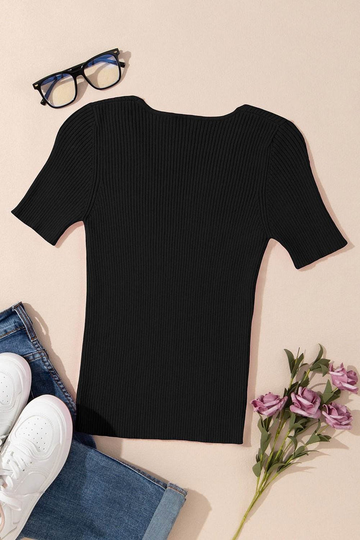 Black V Neck Ribbed Knit Lightweight Short Sleeve Sweater - Fashion Queen -  13