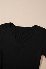 Load image into Gallery viewer, Black V Neck Ribbed Knit Lightweight Short Sleeve Sweater - Fashion Queen -  14
