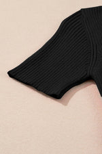 Load image into Gallery viewer, Black V Neck Ribbed Knit Lightweight Short Sleeve Sweater - Fashion Queen -  15
