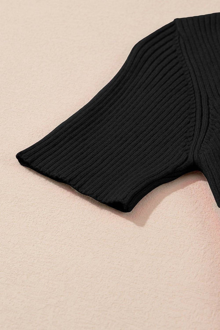 Black V Neck Ribbed Knit Lightweight Short Sleeve Sweater - Fashion Queen -  15