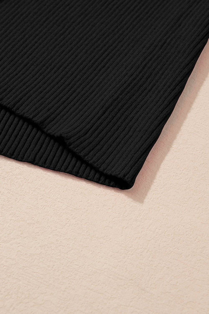 Black V Neck Ribbed Knit Lightweight Short Sleeve Sweater - Fashion Queen -  17